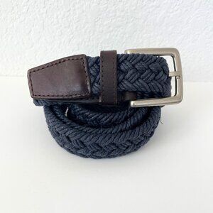 Cole Haan Belt Men 40 Navy Blue Braided Leather Dark Brown Silver Tone CHRM31226